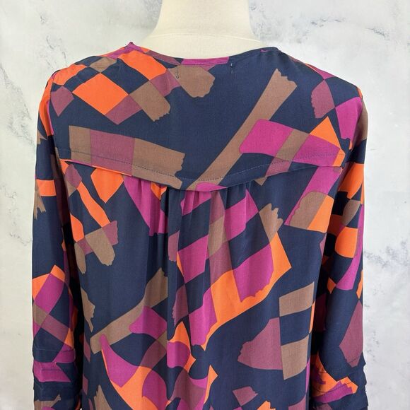 Anthropologie Silk Tunic Blouse Top M Office geometric 70s style Pleated Artsy - Picture 6 of 14